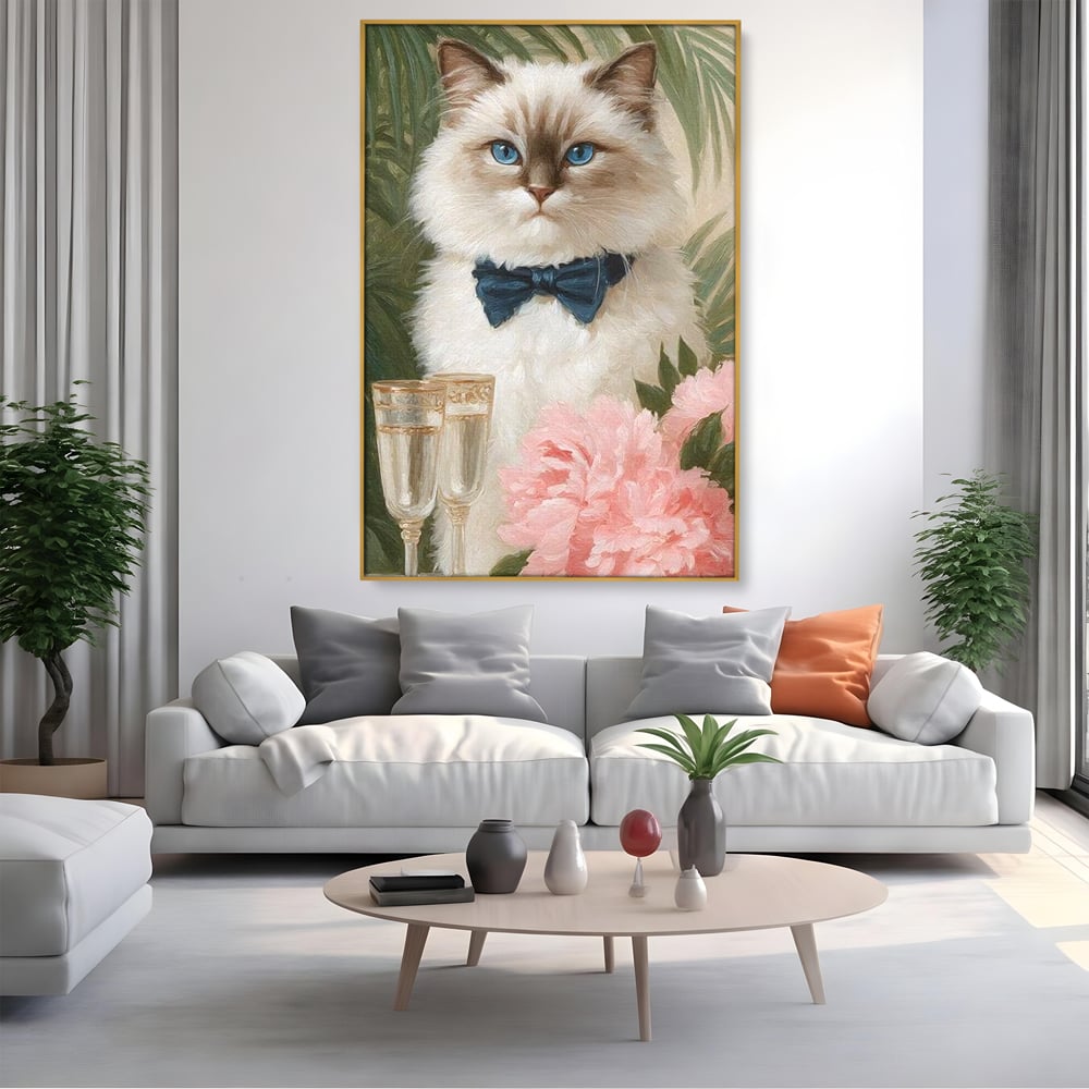 Tablou Canvas Premium, LuxCanva® M1239, Un Toast Romantic, Flori, Papion, Pahare, Costum, Romantic, Frunze, Motan, Elegant, Gentleman, Felina, Sampanie, Birou, Living, Camera Copil