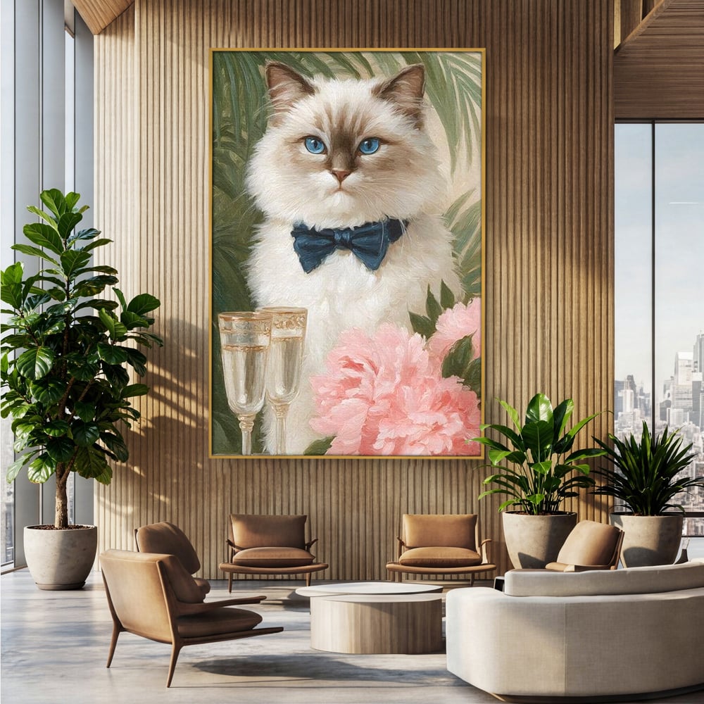 Tablou Canvas Premium, LuxCanva® M1239, Un Toast Romantic, Flori, Papion, Pahare, Costum, Romantic, Frunze, Motan, Elegant, Gentleman, Felina, Sampanie, Birou, Living, Camera Copil