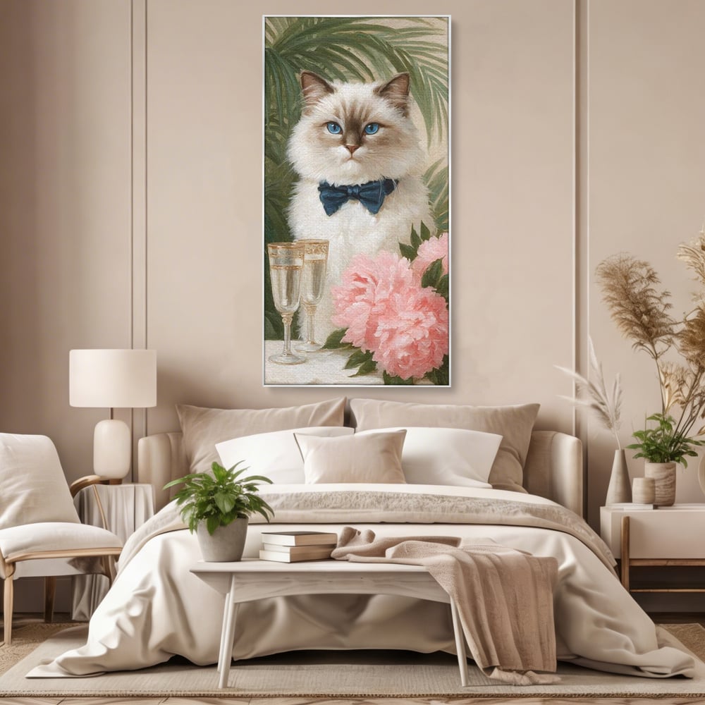 Tablou Canvas Premium, LuxCanva® M1239, Un Toast Romantic, Flori, Papion, Pahare, Costum, Romantic, Frunze, Motan, Elegant, Gentleman, Felina, Sampanie, Birou, Living, Camera Copil