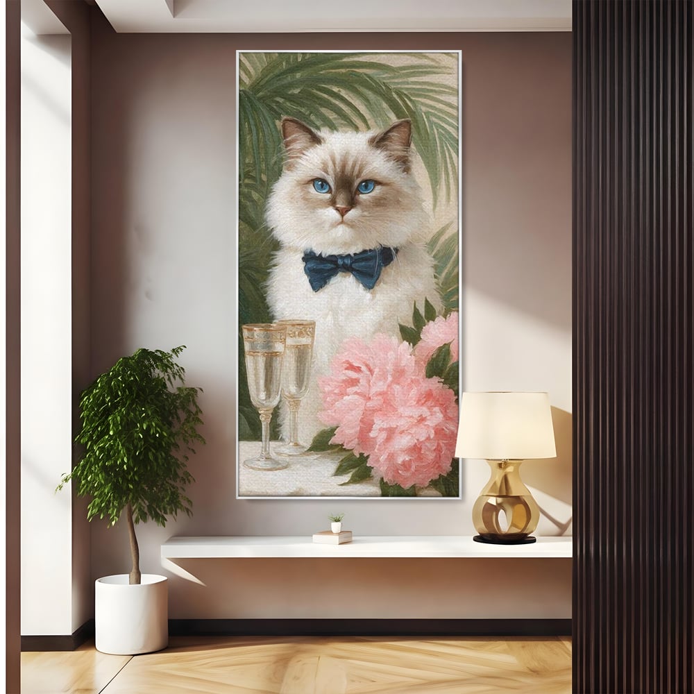 Tablou Canvas Premium, LuxCanva® M1239, Un Toast Romantic, Flori, Papion, Pahare, Costum, Romantic, Frunze, Motan, Elegant, Gentleman, Felina, Sampanie, Birou, Living, Camera Copil