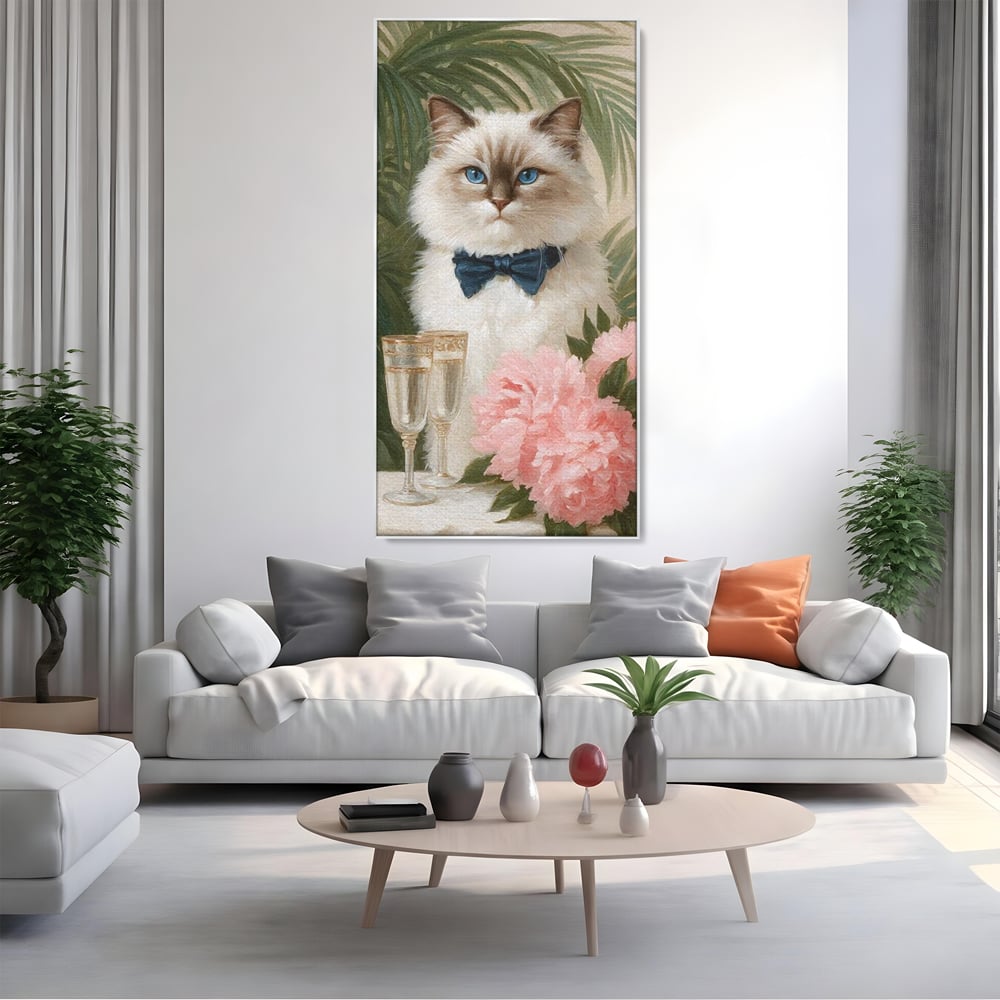 Tablou Canvas Premium, LuxCanva® M1239, Un Toast Romantic, Flori, Papion, Pahare, Costum, Romantic, Frunze, Motan, Elegant, Gentleman, Felina, Sampanie, Birou, Living, Camera Copil