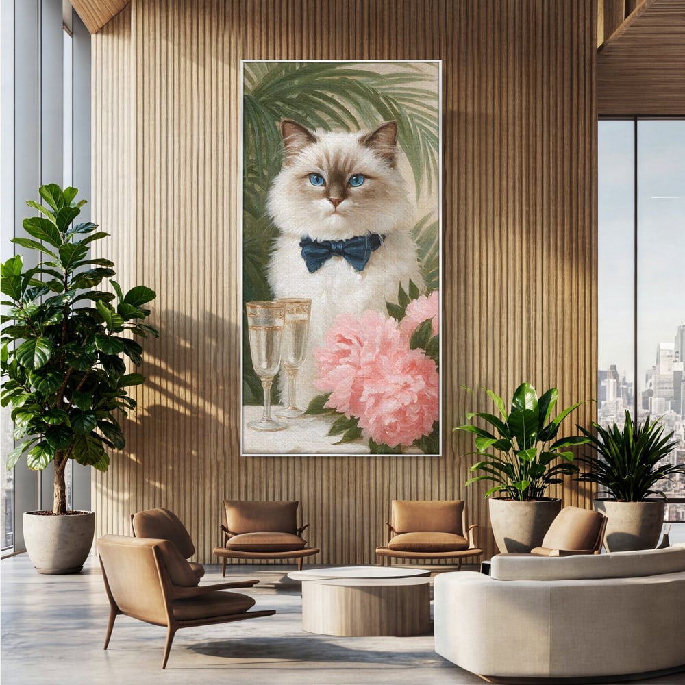 Tablou Canvas Premium, LuxCanva® M1239, Un Toast Romantic, Flori, Papion, Pahare, Costum, Romantic, Frunze, Motan, Elegant, Gentleman, Felina, Sampanie, Birou, Living, Camera Copil