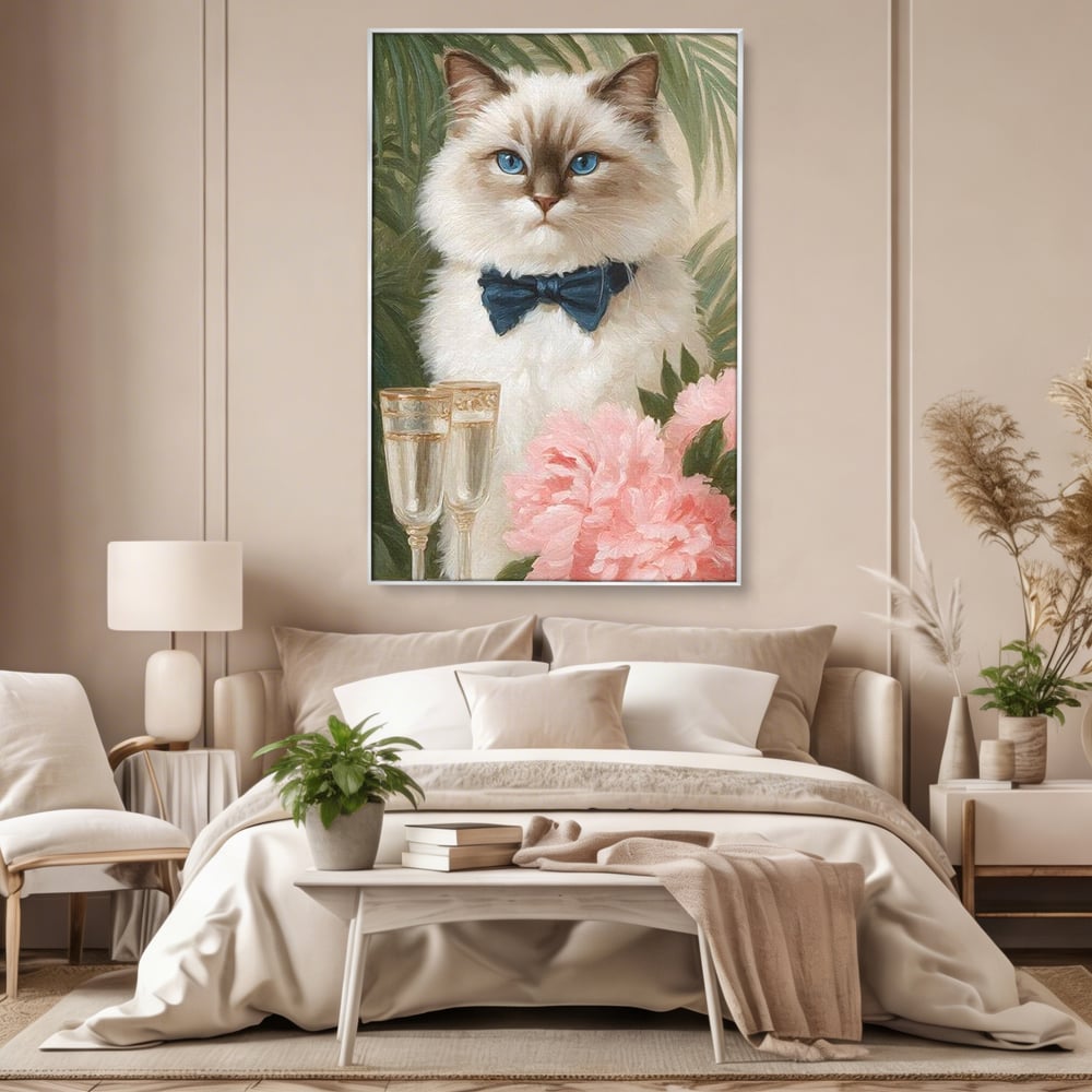 Tablou Canvas Premium, LuxCanva® M1239, Un Toast Romantic, Flori, Papion, Pahare, Costum, Romantic, Frunze, Motan, Elegant, Gentleman, Felina, Sampanie, Birou, Living, Camera Copil
