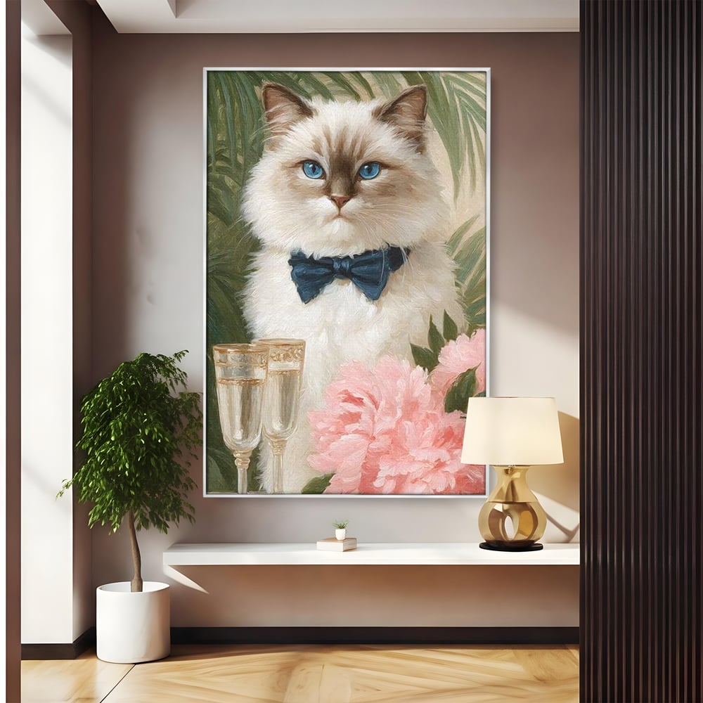 Tablou Canvas Premium, LuxCanva® M1239, Un Toast Romantic, Flori, Papion, Pahare, Costum, Romantic, Frunze, Motan, Elegant, Gentleman, Felina, Sampanie, Birou, Living, Camera Copil