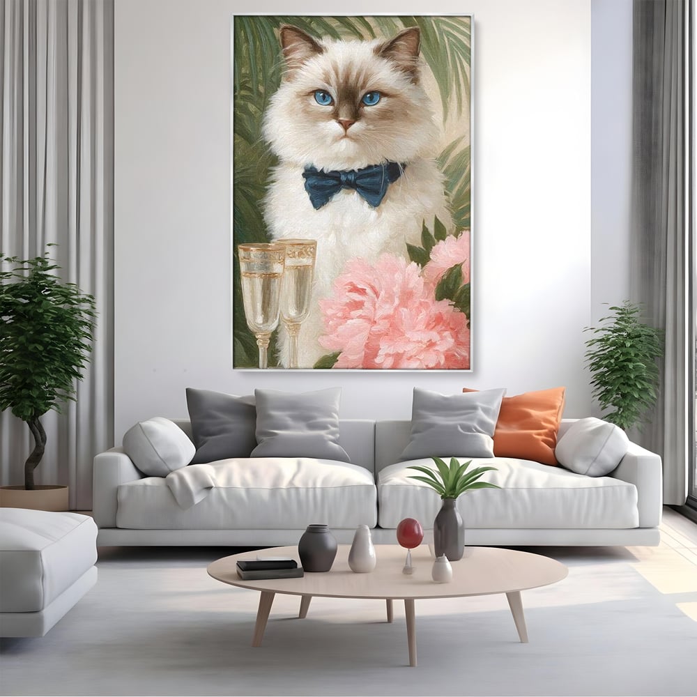 Tablou Canvas Premium, LuxCanva® M1239, Un Toast Romantic, Flori, Papion, Pahare, Costum, Romantic, Frunze, Motan, Elegant, Gentleman, Felina, Sampanie, Birou, Living, Camera Copil