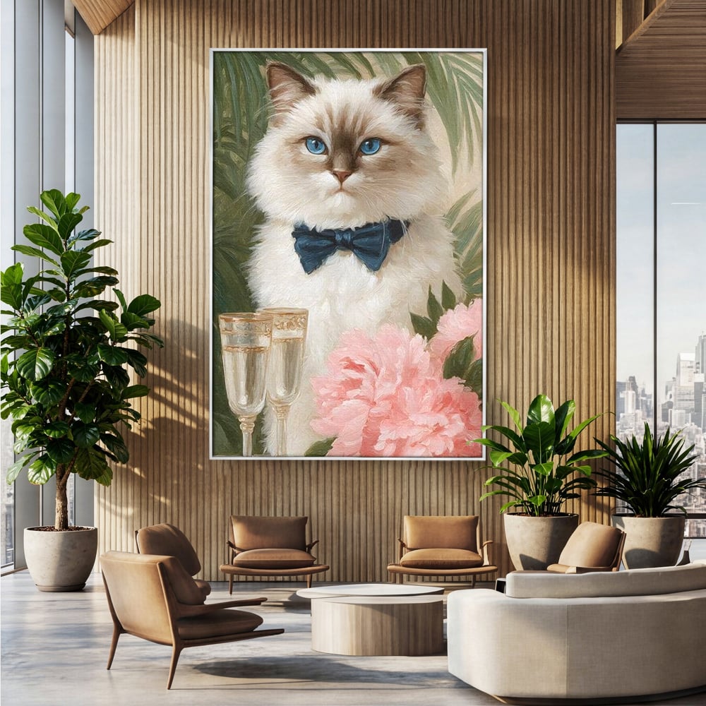 Tablou Canvas Premium, LuxCanva® M1239, Un Toast Romantic, Flori, Papion, Pahare, Costum, Romantic, Frunze, Motan, Elegant, Gentleman, Felina, Sampanie, Birou, Living, Camera Copil