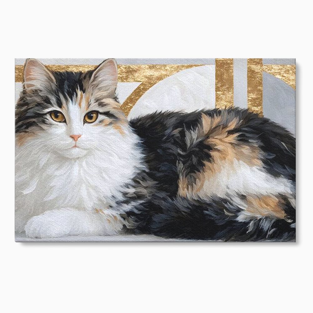 Tablou Canvas Premium, LuxCanva® M1240, Blanita Regala, Pufosenie, Auriu, Abstract, Blana, Pisica, Calico, Feminin, Elegant, Lux, Felina, Birou, Living, Camera Copil