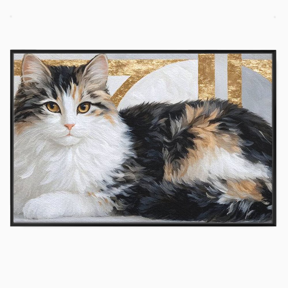 Tablou Canvas Premium, LuxCanva® M1240, Blanita Regala, Pufosenie, Auriu, Abstract, Blana, Pisica, Calico, Feminin, Elegant, Lux, Felina, Birou, Living, Camera Copil