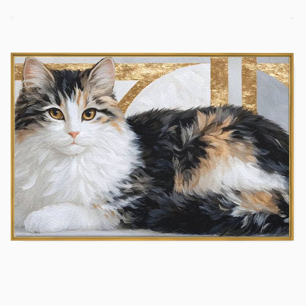 Tablou Canvas Premium, LuxCanva® M1240, Blanita Regala, Pufosenie, Auriu, Abstract, Blana, Pisica, Calico, Feminin, Elegant, Lux, Felina, Birou, Living, Camera Copil