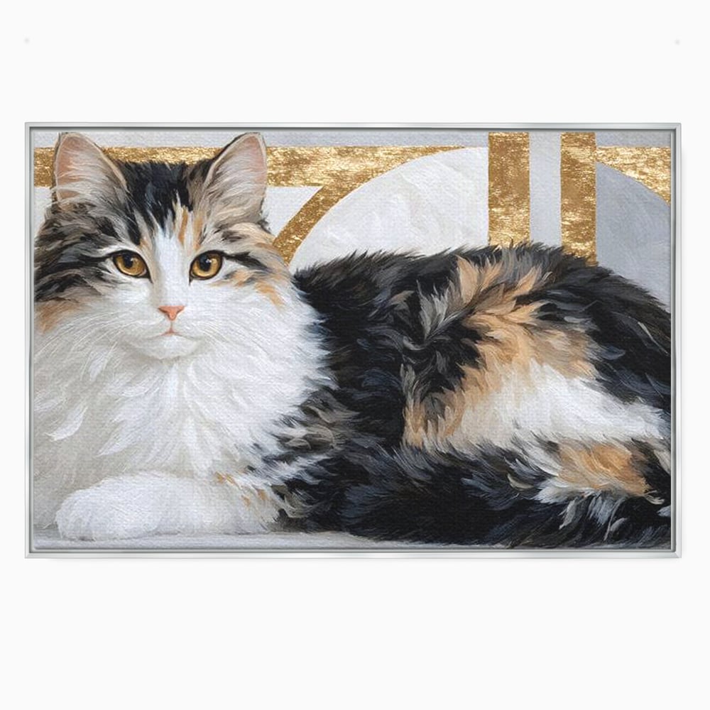 Tablou Canvas Premium, LuxCanva® M1240, Blanita Regala, Pufosenie, Auriu, Abstract, Blana, Pisica, Calico, Feminin, Elegant, Lux, Felina, Birou, Living, Camera Copil