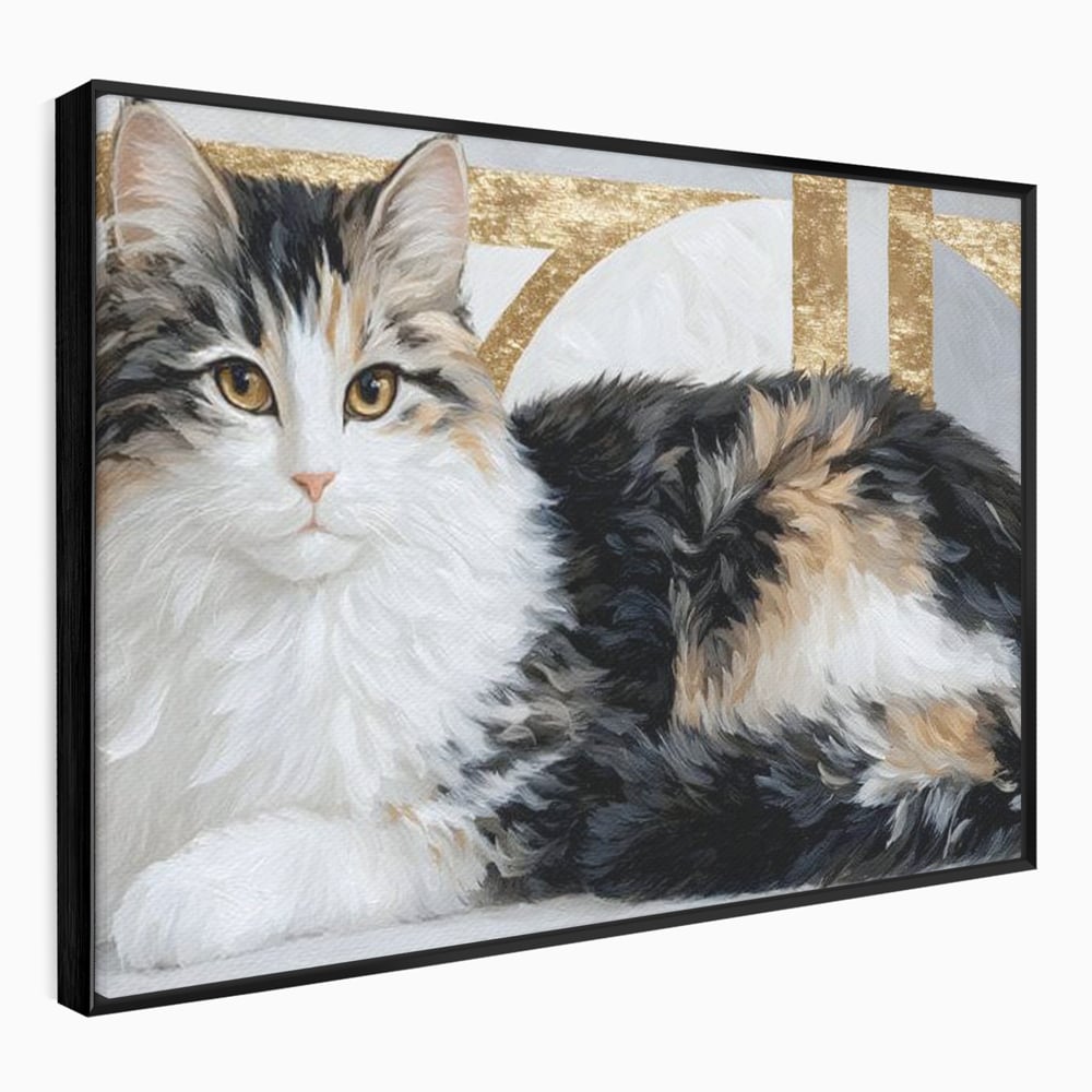 Tablou Canvas Premium, LuxCanva® M1240, Blanita Regala, Pufosenie, Auriu, Abstract, Blana, Pisica, Calico, Feminin, Elegant, Lux, Felina, Birou, Living, Camera Copil