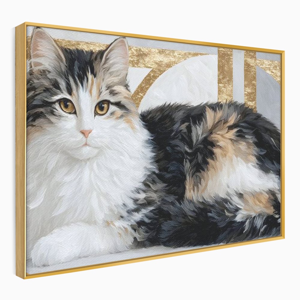 Tablou Canvas Premium, LuxCanva® M1240, Blanita Regala, Pufosenie, Auriu, Abstract, Blana, Pisica, Calico, Feminin, Elegant, Lux, Felina, Birou, Living, Camera Copil