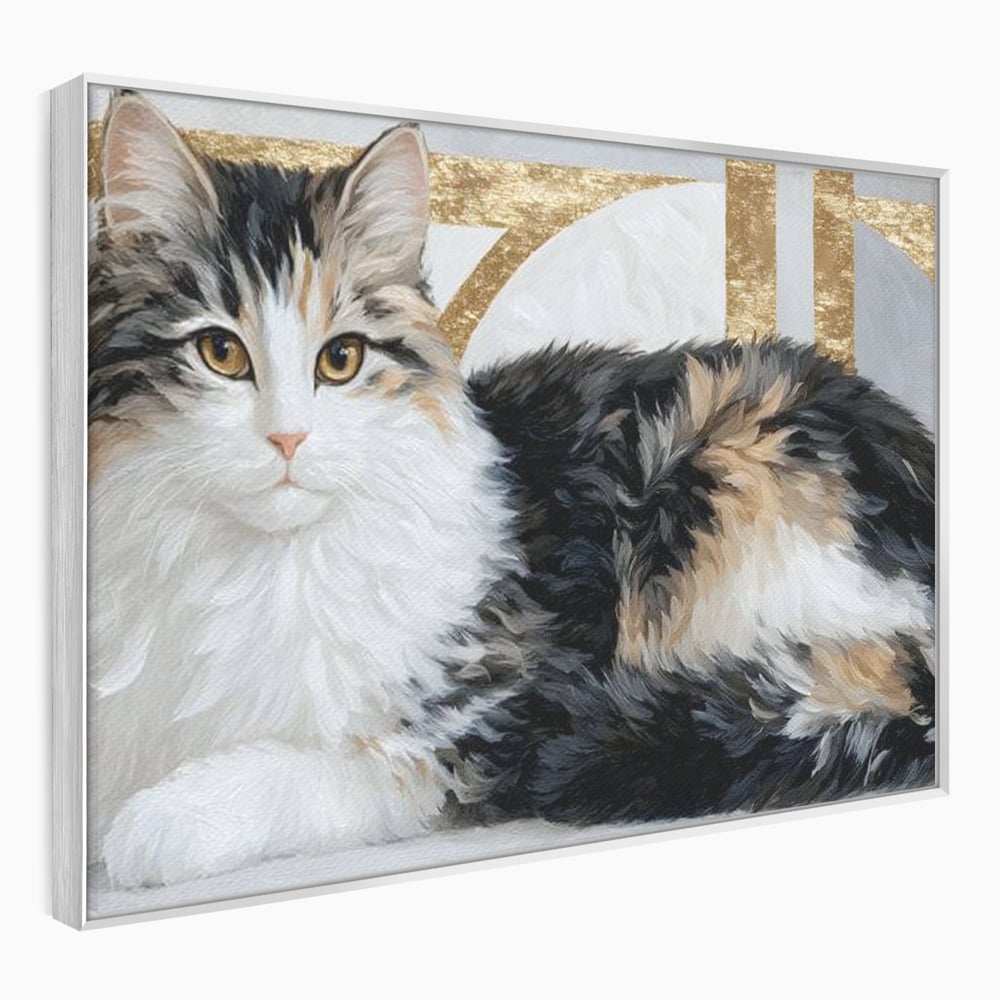 Tablou Canvas Premium, LuxCanva® M1240, Blanita Regala, Pufosenie, Auriu, Abstract, Blana, Pisica, Calico, Feminin, Elegant, Lux, Felina, Birou, Living, Camera Copil