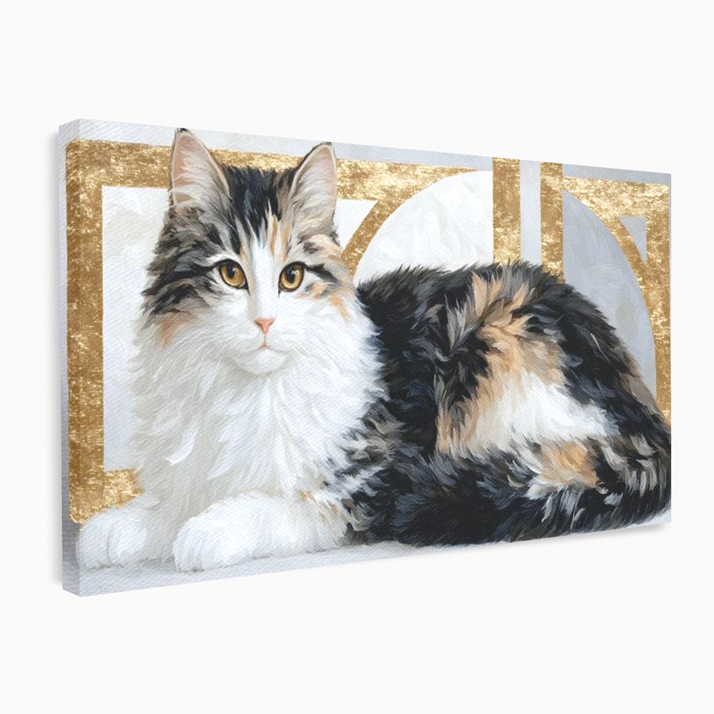 Tablou Canvas Premium, LuxCanva® M1240, Blanita Regala, Pufosenie, Auriu, Abstract, Blana, Pisica, Calico, Feminin, Elegant, Lux, Felina, Birou, Living, Camera Copil