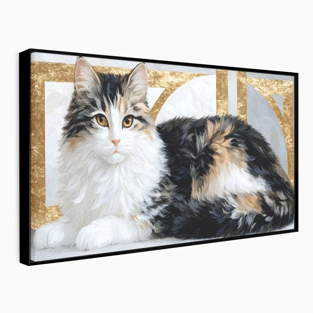 Tablou Canvas Premium, LuxCanva® M1240, Blanita Regala, Pufosenie, Auriu, Abstract, Blana, Pisica, Calico, Feminin, Elegant, Lux, Felina, Birou, Living, Camera Copil