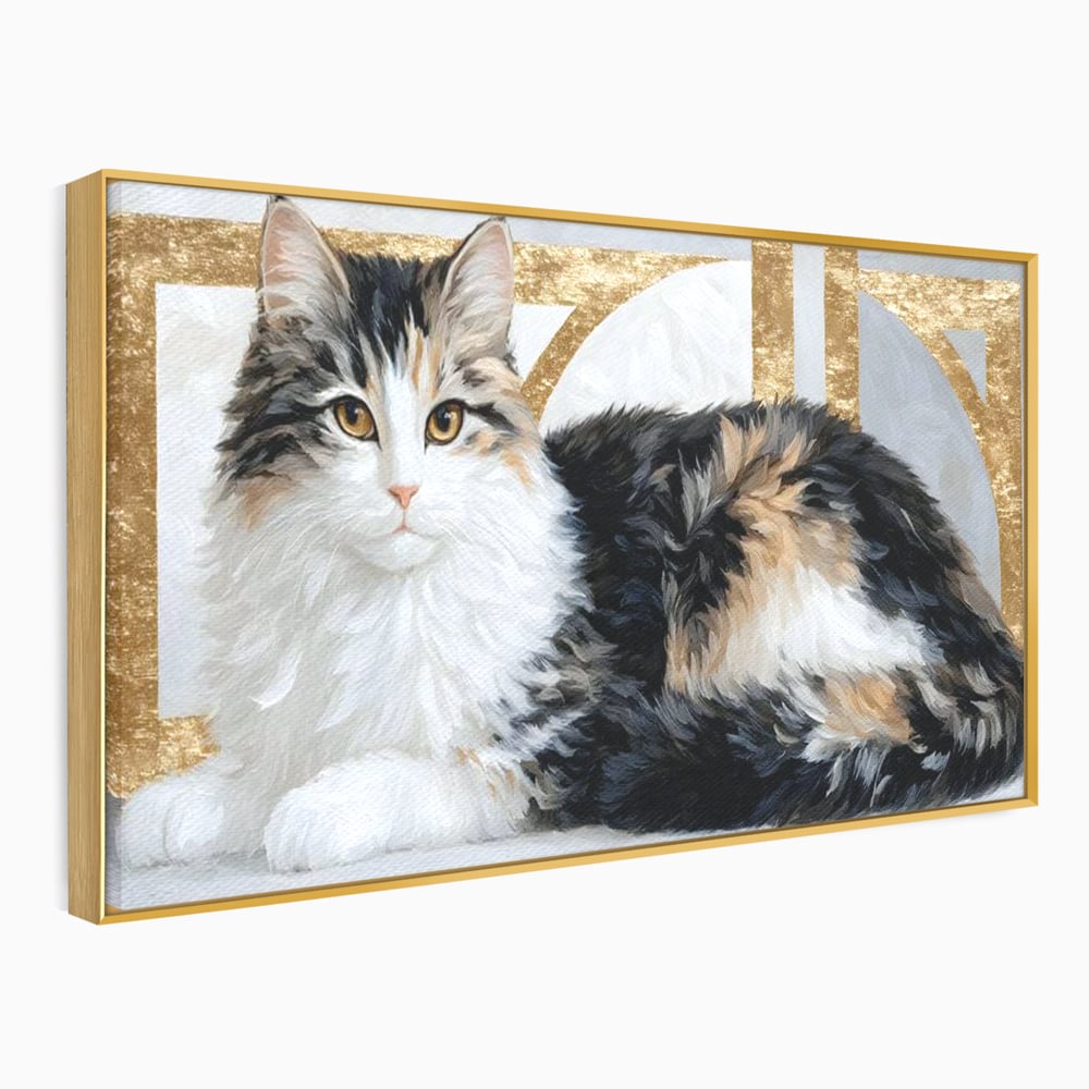 Tablou Canvas Premium, LuxCanva® M1240, Blanita Regala, Pufosenie, Auriu, Abstract, Blana, Pisica, Calico, Feminin, Elegant, Lux, Felina, Birou, Living, Camera Copil