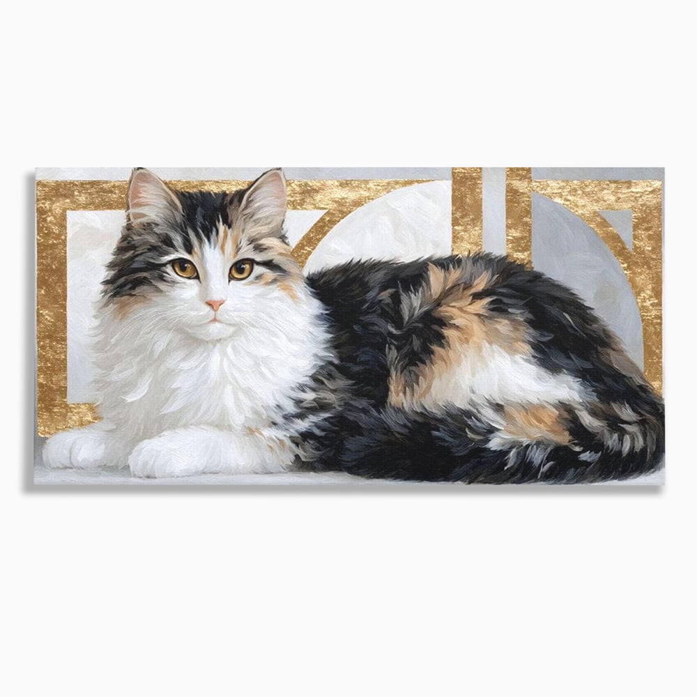 Tablou Canvas Premium, LuxCanva® M1240, Blanita Regala, Pufosenie, Auriu, Abstract, Blana, Pisica, Calico, Feminin, Elegant, Lux, Felina, Birou, Living, Camera Copil