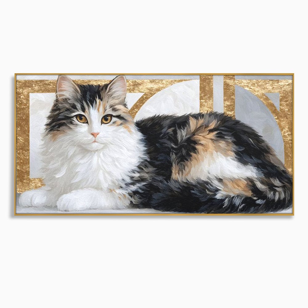 Tablou Canvas Premium, LuxCanva® M1240, Blanita Regala, Pufosenie, Auriu, Abstract, Blana, Pisica, Calico, Feminin, Elegant, Lux, Felina, Birou, Living, Camera Copil