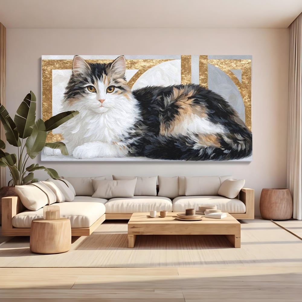 Tablou Canvas Premium, LuxCanva® M1240, Blanita Regala, Pufosenie, Auriu, Abstract, Blana, Pisica, Calico, Feminin, Elegant, Lux, Felina, Birou, Living, Camera Copil