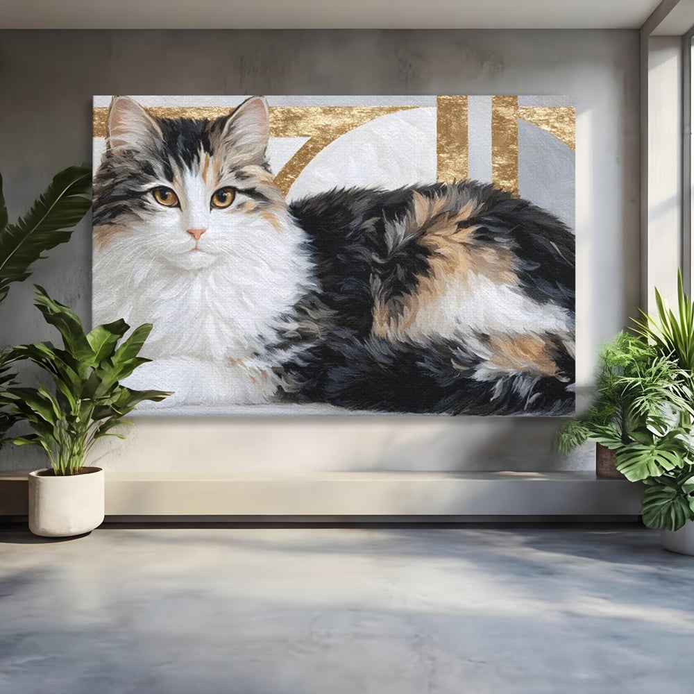 Tablou Canvas Premium, LuxCanva® M1240, Blanita Regala, Pufosenie, Auriu, Abstract, Blana, Pisica, Calico, Feminin, Elegant, Lux, Felina, Birou, Living, Camera Copil