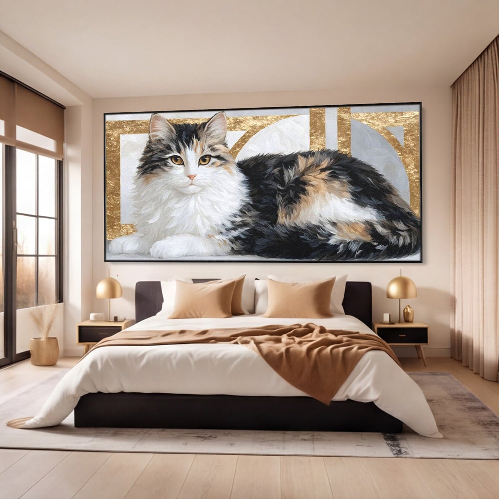 Tablou Canvas Premium, LuxCanva® M1240, Blanita Regala, Pufosenie, Auriu, Abstract, Blana, Pisica, Calico, Feminin, Elegant, Lux, Felina, Birou, Living, Camera Copil