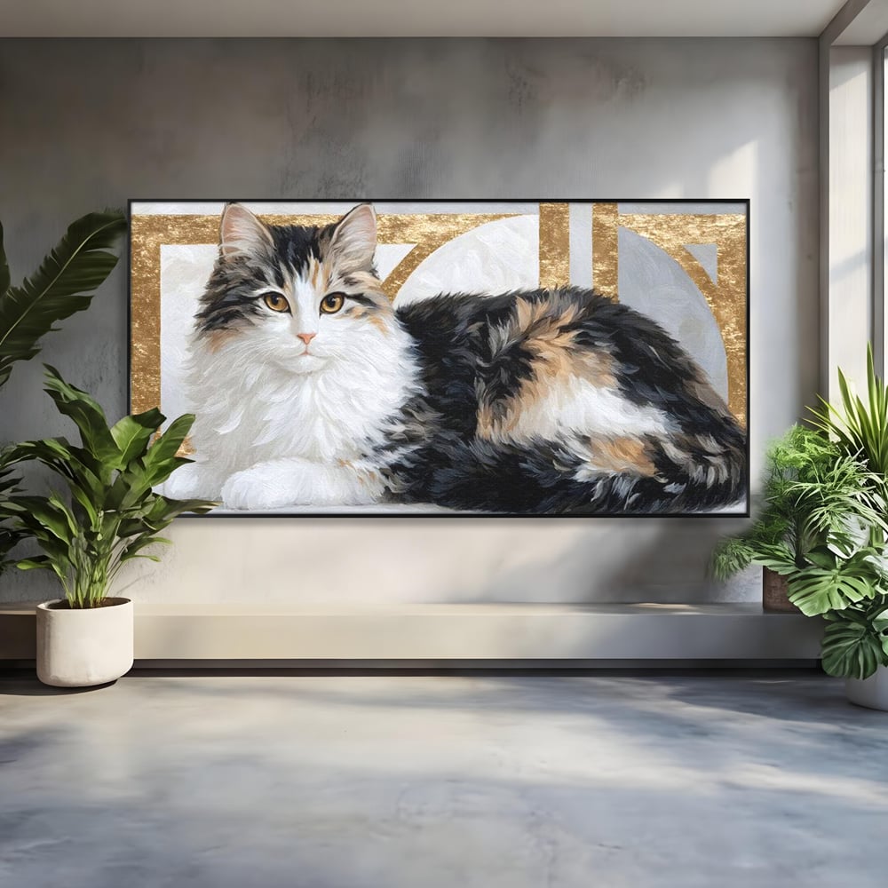 Tablou Canvas Premium, LuxCanva® M1240, Blanita Regala, Pufosenie, Auriu, Abstract, Blana, Pisica, Calico, Feminin, Elegant, Lux, Felina, Birou, Living, Camera Copil