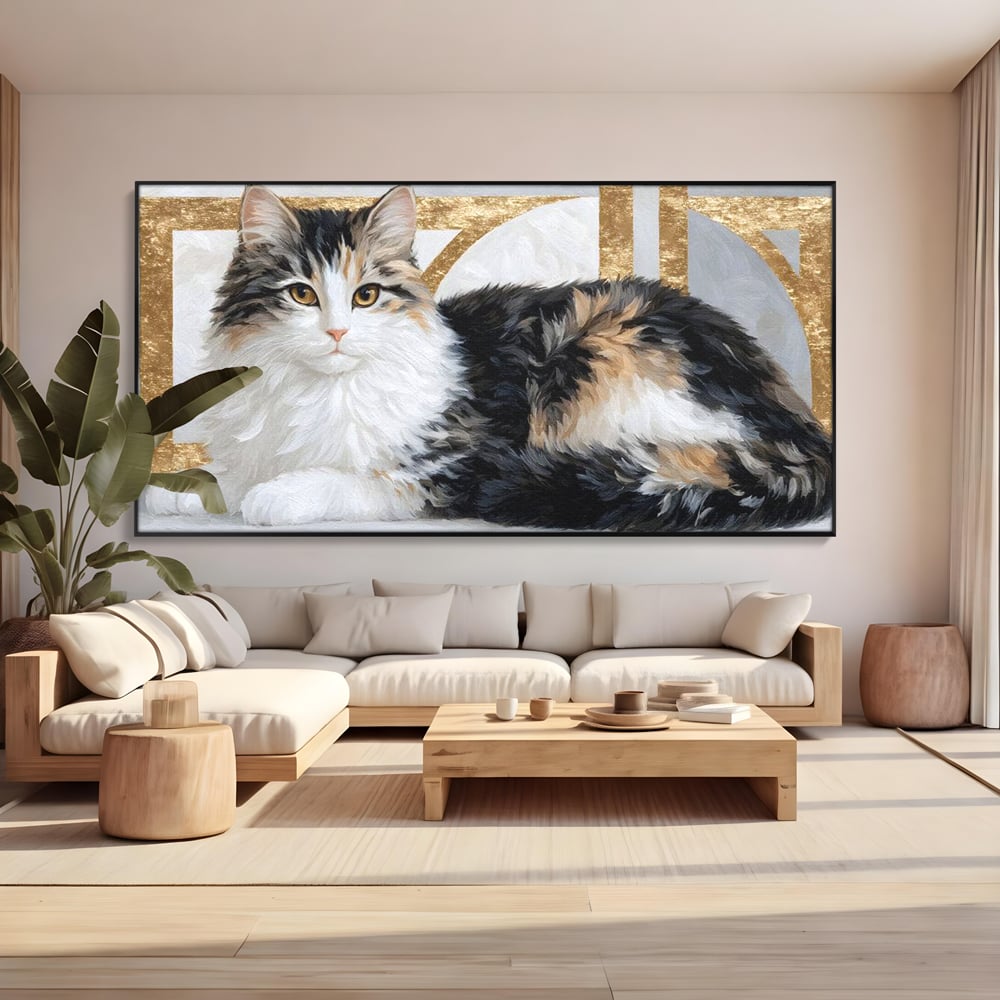 Tablou Canvas Premium, LuxCanva® M1240, Blanita Regala, Pufosenie, Auriu, Abstract, Blana, Pisica, Calico, Feminin, Elegant, Lux, Felina, Birou, Living, Camera Copil