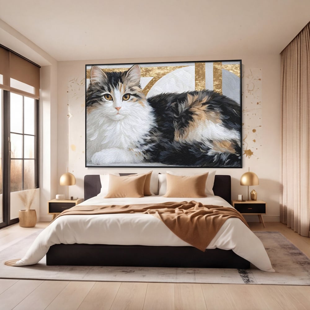 Tablou Canvas Premium, LuxCanva® M1240, Blanita Regala, Pufosenie, Auriu, Abstract, Blana, Pisica, Calico, Feminin, Elegant, Lux, Felina, Birou, Living, Camera Copil