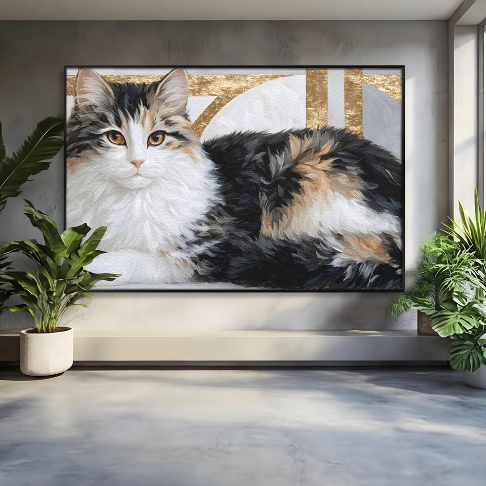 Tablou Canvas Premium, LuxCanva® M1240, Blanita Regala, Pufosenie, Auriu, Abstract, Blana, Pisica, Calico, Feminin, Elegant, Lux, Felina, Birou, Living, Camera Copil