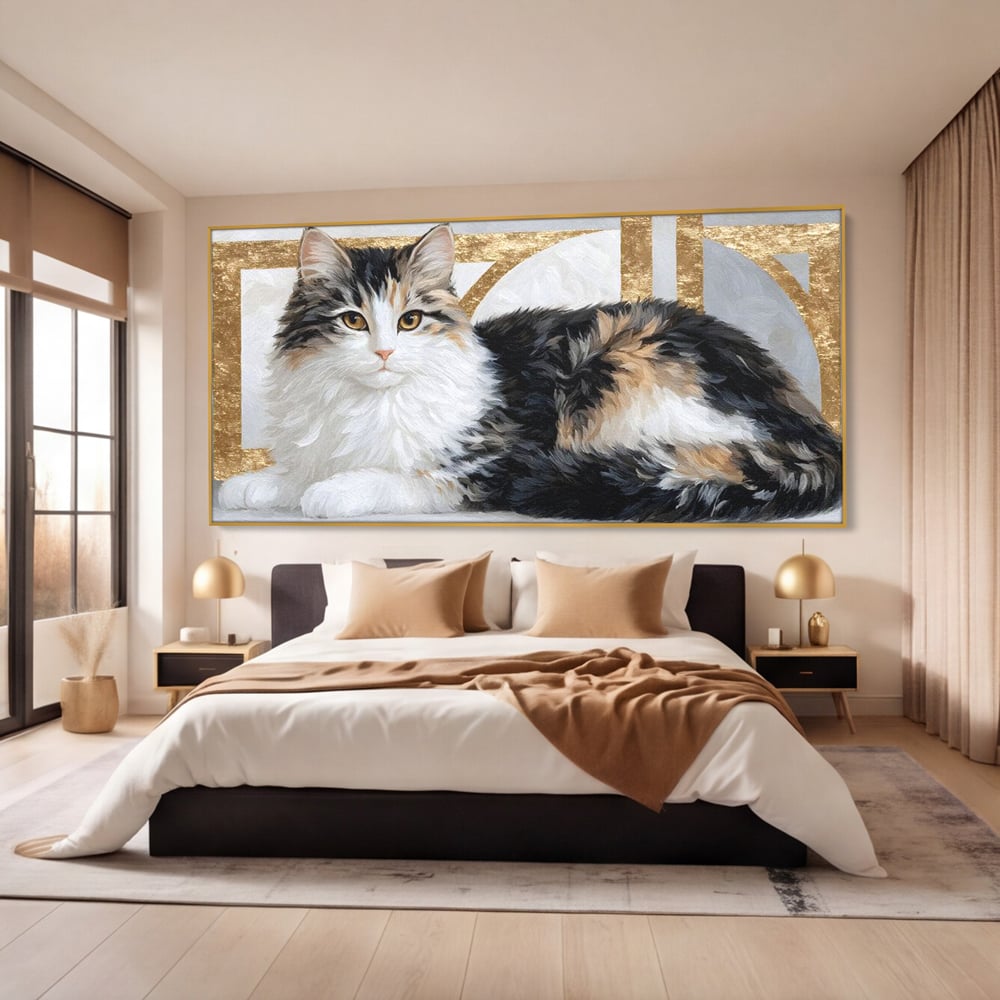 Tablou Canvas Premium, LuxCanva® M1240, Blanita Regala, Pufosenie, Auriu, Abstract, Blana, Pisica, Calico, Feminin, Elegant, Lux, Felina, Birou, Living, Camera Copil