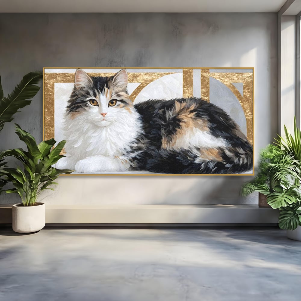 Tablou Canvas Premium, LuxCanva® M1240, Blanita Regala, Pufosenie, Auriu, Abstract, Blana, Pisica, Calico, Feminin, Elegant, Lux, Felina, Birou, Living, Camera Copil