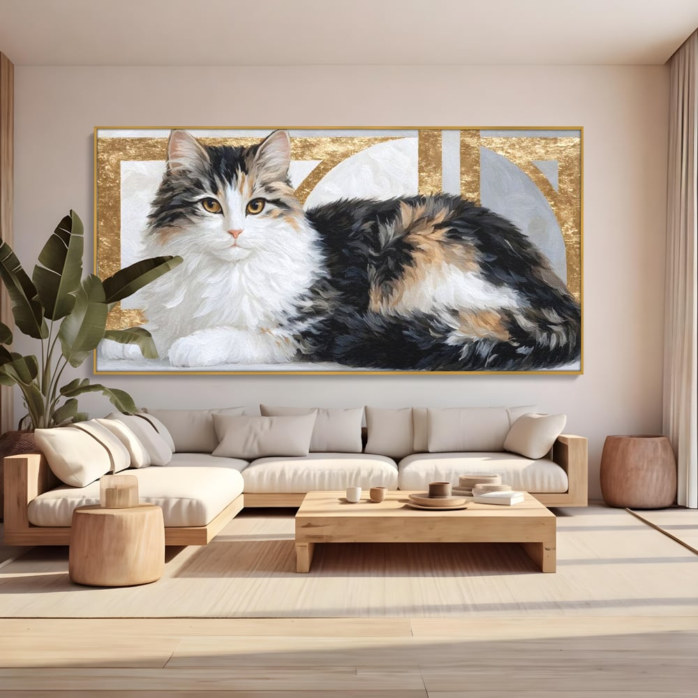 Tablou Canvas Premium, LuxCanva® M1240, Blanita Regala, Pufosenie, Auriu, Abstract, Blana, Pisica, Calico, Feminin, Elegant, Lux, Felina, Birou, Living, Camera Copil