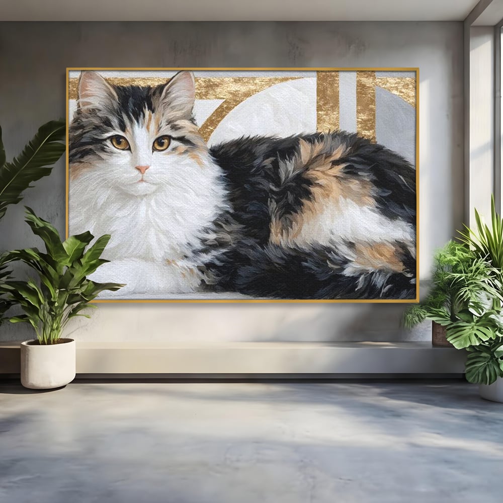 Tablou Canvas Premium, LuxCanva® M1240, Blanita Regala, Pufosenie, Auriu, Abstract, Blana, Pisica, Calico, Feminin, Elegant, Lux, Felina, Birou, Living, Camera Copil