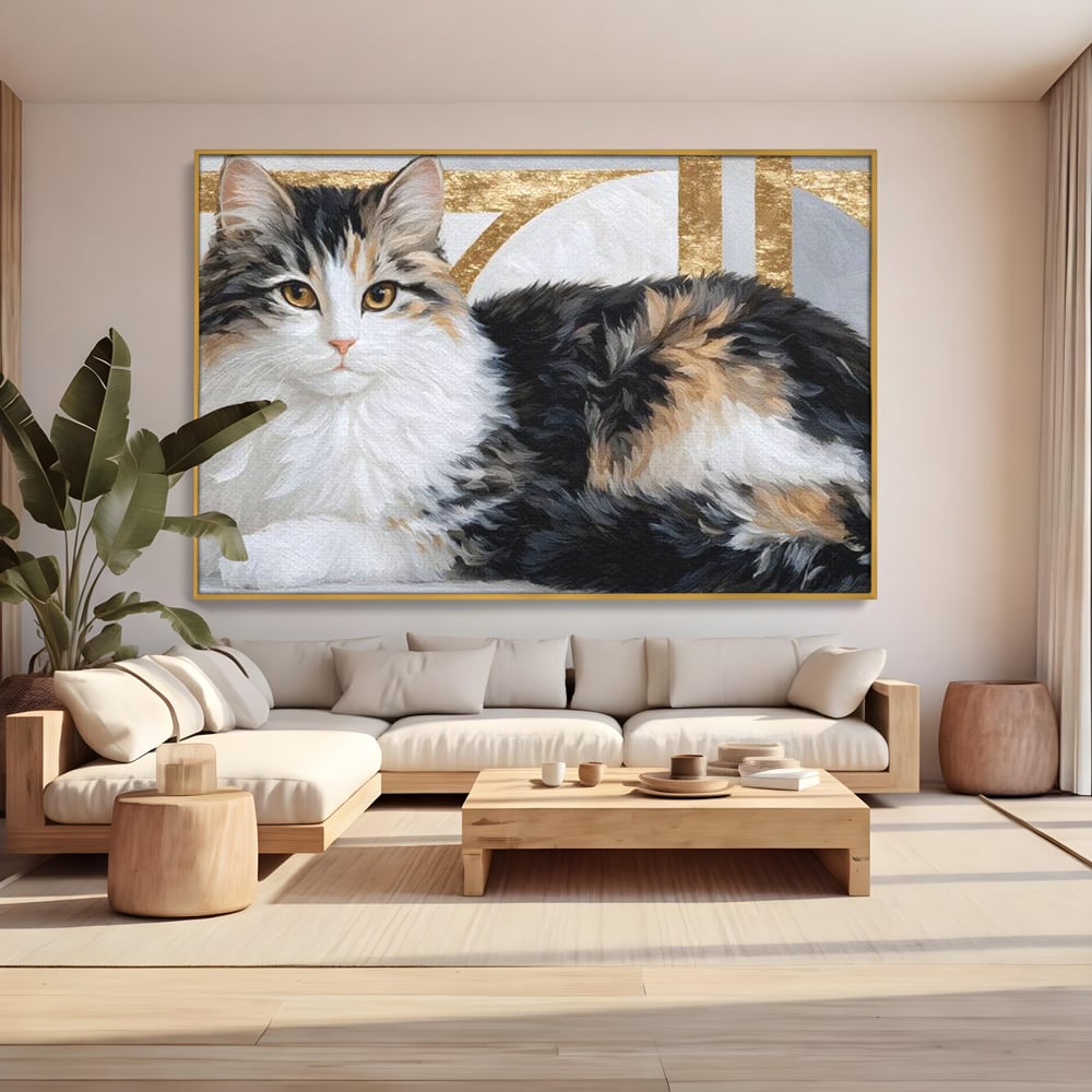Tablou Canvas Premium, LuxCanva® M1240, Blanita Regala, Pufosenie, Auriu, Abstract, Blana, Pisica, Calico, Feminin, Elegant, Lux, Felina, Birou, Living, Camera Copil