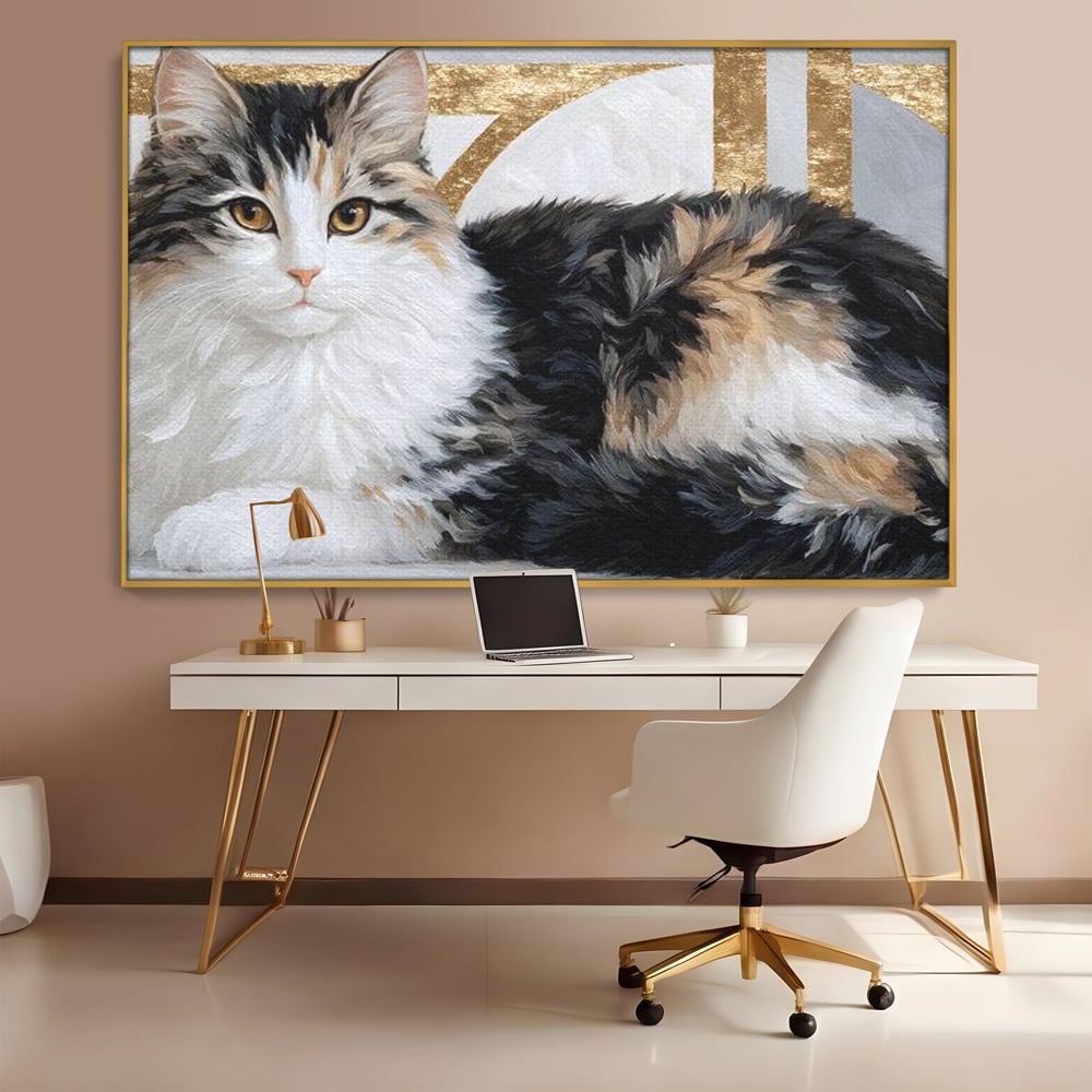 Tablou Canvas Premium, LuxCanva® M1240, Blanita Regala, Pufosenie, Auriu, Abstract, Blana, Pisica, Calico, Feminin, Elegant, Lux, Felina, Birou, Living, Camera Copil