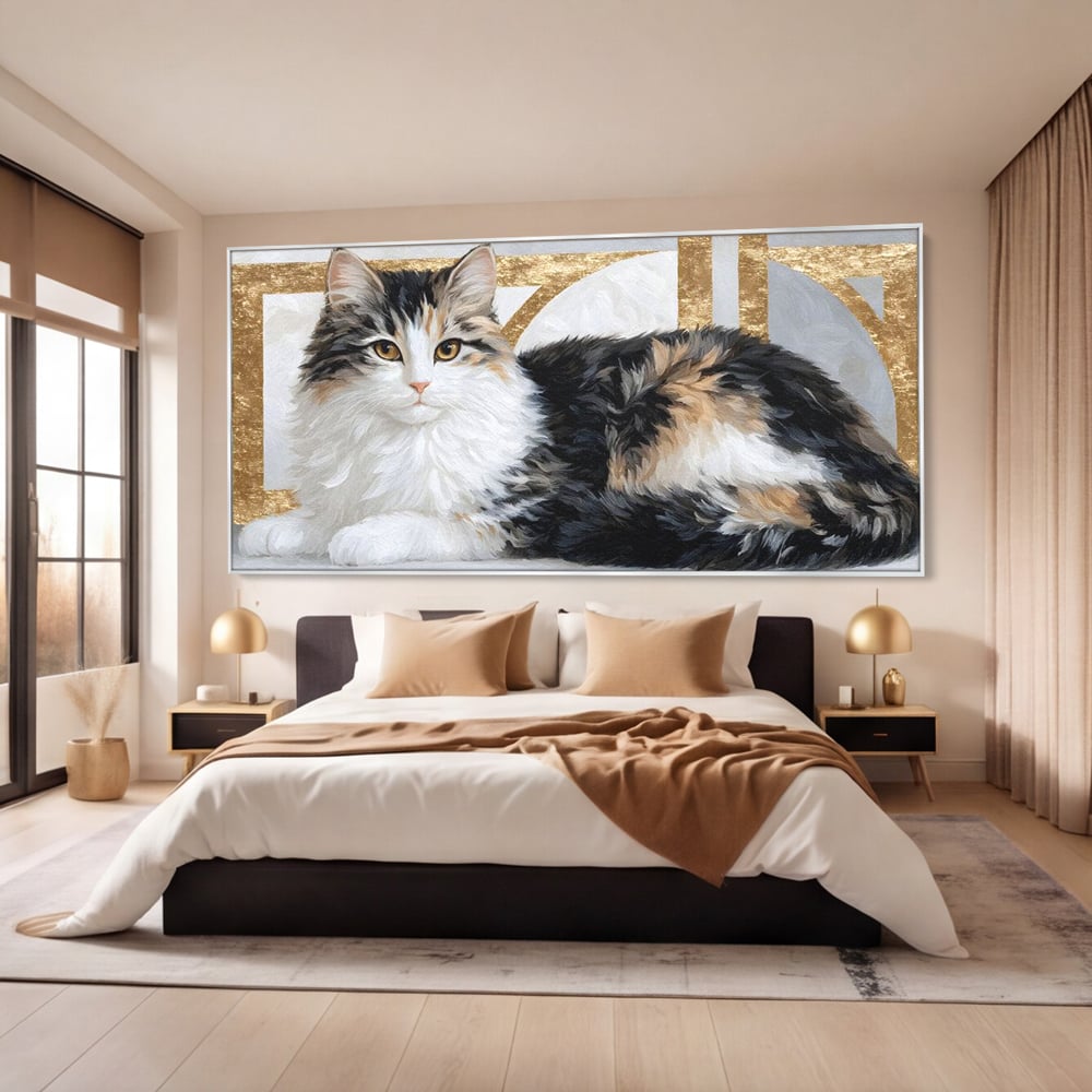 Tablou Canvas Premium, LuxCanva® M1240, Blanita Regala, Pufosenie, Auriu, Abstract, Blana, Pisica, Calico, Feminin, Elegant, Lux, Felina, Birou, Living, Camera Copil