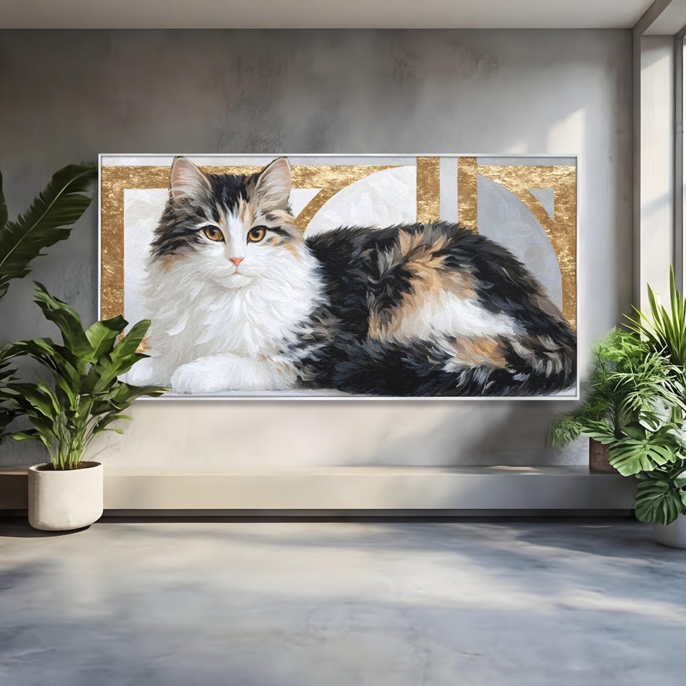 Tablou Canvas Premium, LuxCanva® M1240, Blanita Regala, Pufosenie, Auriu, Abstract, Blana, Pisica, Calico, Feminin, Elegant, Lux, Felina, Birou, Living, Camera Copil