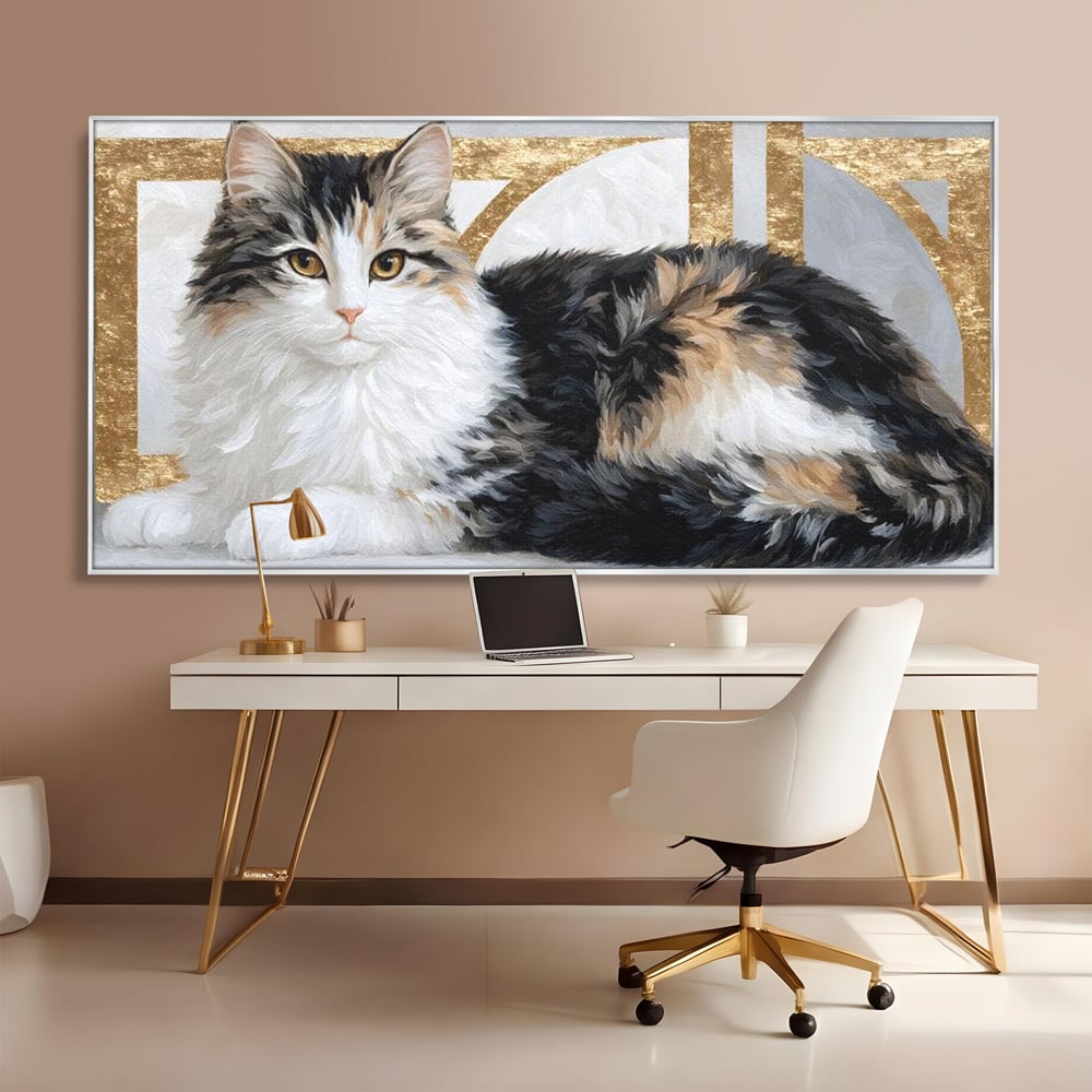 Tablou Canvas Premium, LuxCanva® M1240, Blanita Regala, Pufosenie, Auriu, Abstract, Blana, Pisica, Calico, Feminin, Elegant, Lux, Felina, Birou, Living, Camera Copil