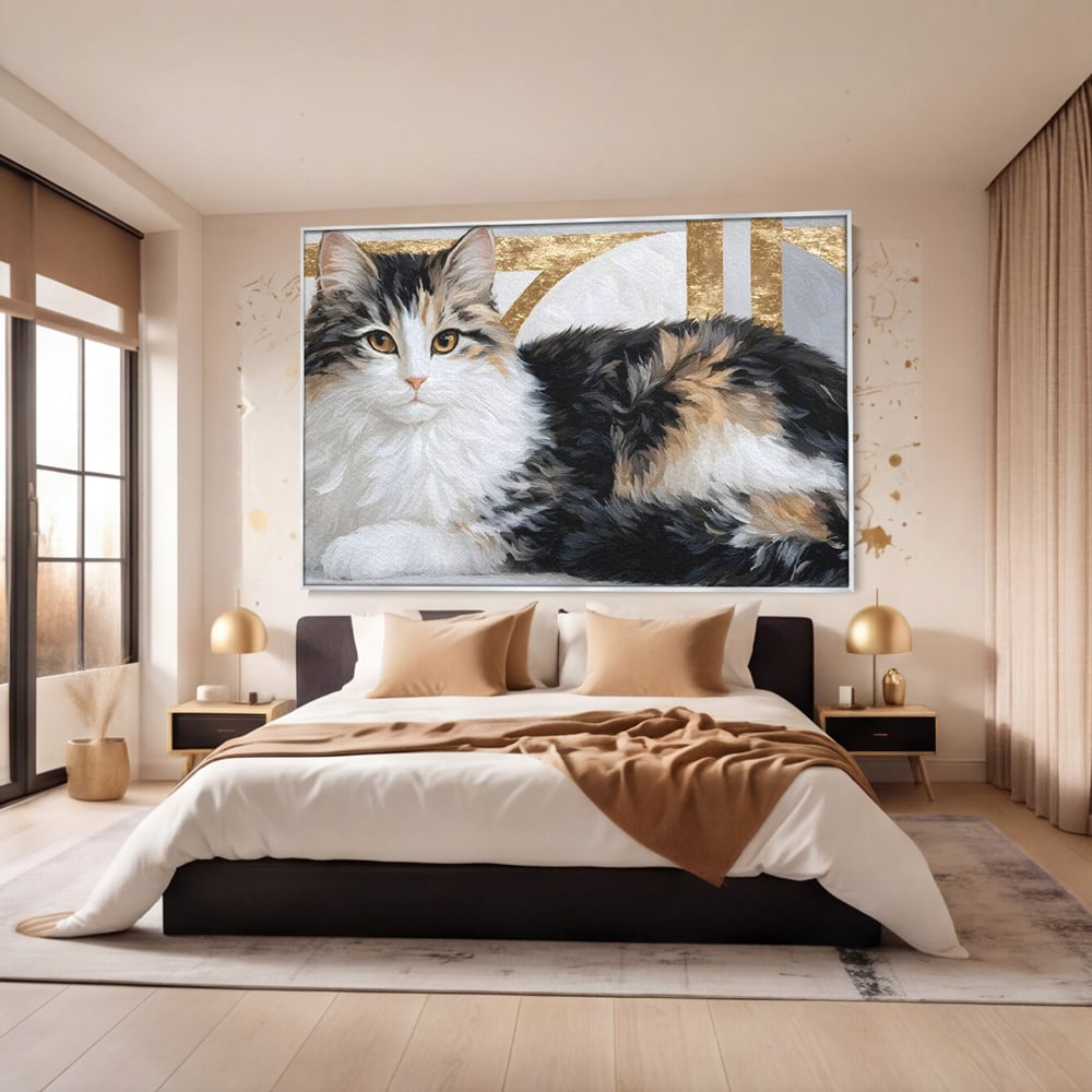 Tablou Canvas Premium, LuxCanva® M1240, Blanita Regala, Pufosenie, Auriu, Abstract, Blana, Pisica, Calico, Feminin, Elegant, Lux, Felina, Birou, Living, Camera Copil