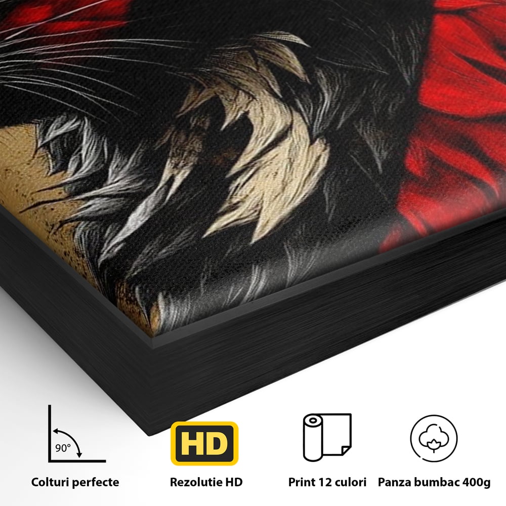 Tablou Canvas Premium, LuxCanva® M1241, Dinastia Rosie, Motan, Profil, Negru, Portret, Expresiv, Abstract, Pictura, Vertical, Rosu, Grafica, Felina, Birou, Living, Camera Copil