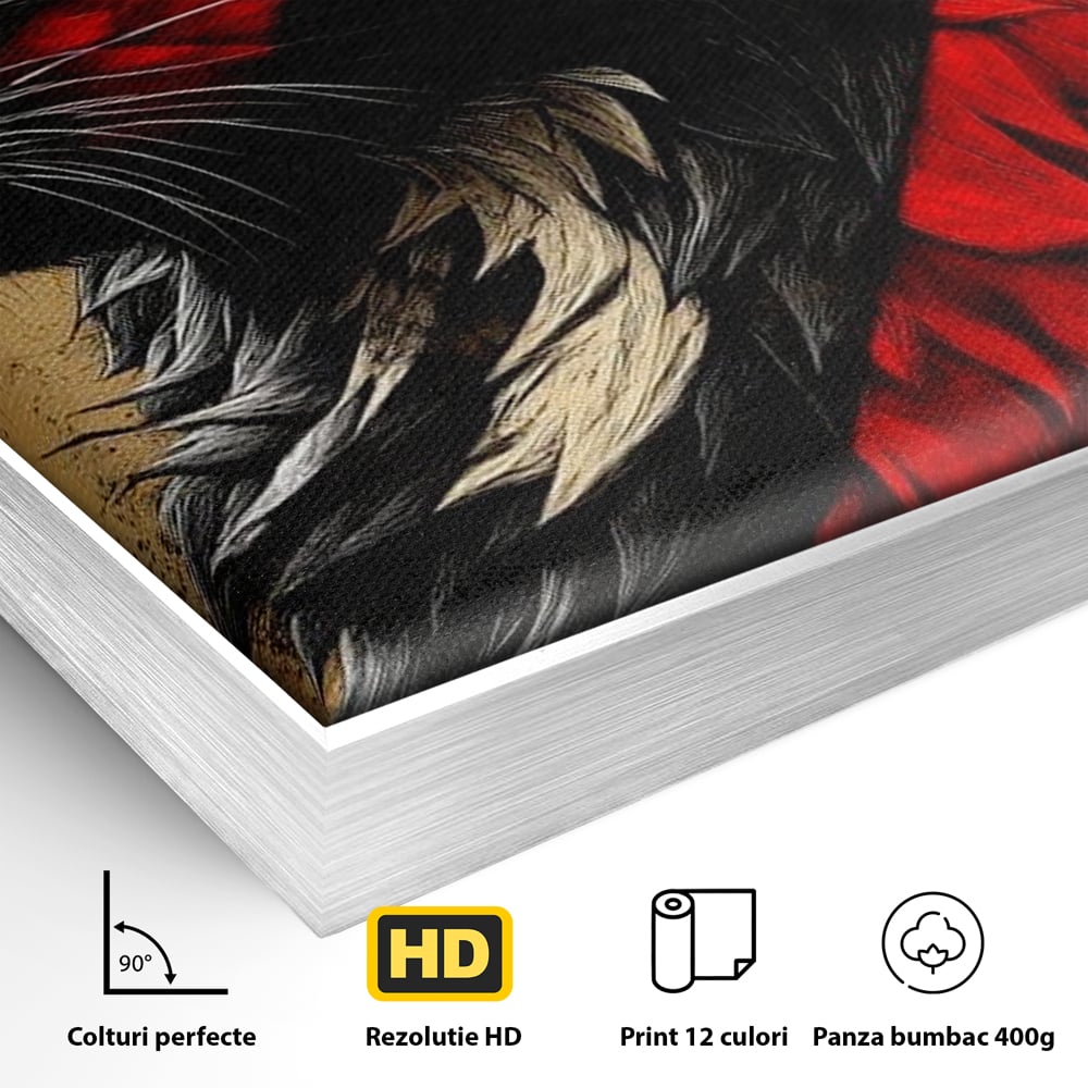 Tablou Canvas Premium, LuxCanva® M1241, Dinastia Rosie, Motan, Profil, Negru, Portret, Expresiv, Abstract, Pictura, Vertical, Rosu, Grafica, Felina, Birou, Living, Camera Copil