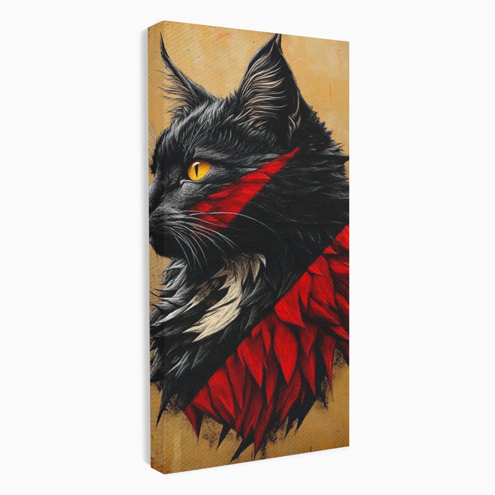 Tablou Canvas Premium, LuxCanva® M1241, Dinastia Rosie, Motan, Profil, Negru, Portret, Expresiv, Abstract, Pictura, Vertical, Rosu, Grafica, Felina, Birou, Living, Camera Copil