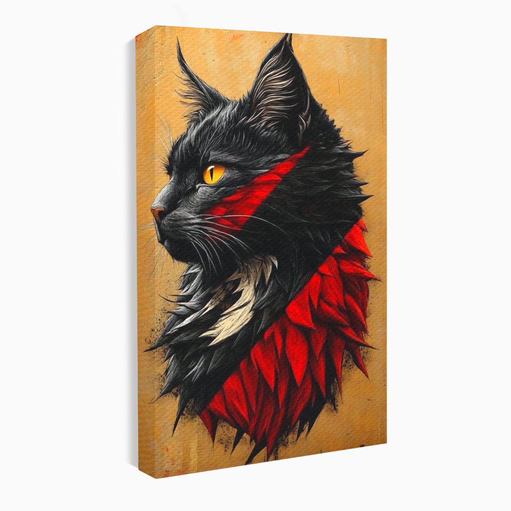 Tablou Canvas Premium, LuxCanva® M1241, Dinastia Rosie, Motan, Profil, Negru, Portret, Expresiv, Abstract, Pictura, Vertical, Rosu, Grafica, Felina, Birou, Living, Camera Copil