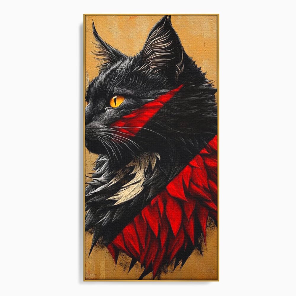 Tablou Canvas Premium, LuxCanva® M1241, Dinastia Rosie, Motan, Profil, Negru, Portret, Expresiv, Abstract, Pictura, Vertical, Rosu, Grafica, Felina, Birou, Living, Camera Copil