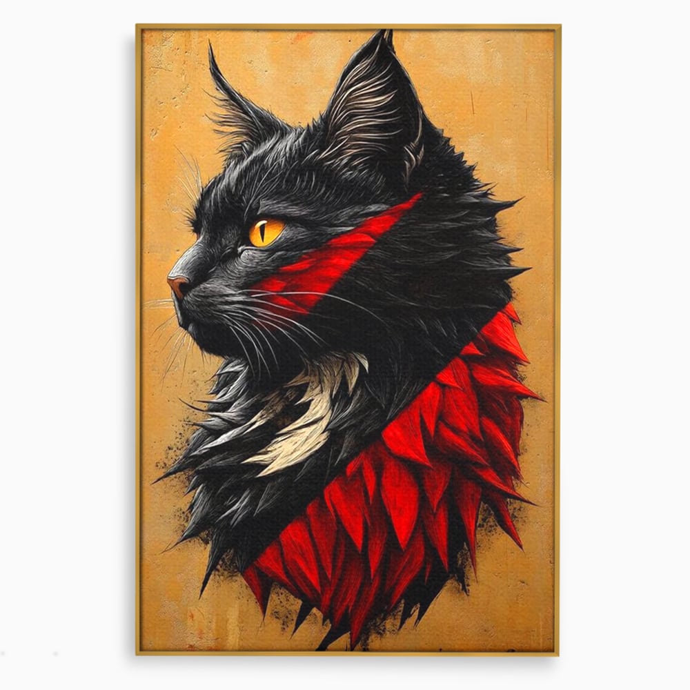 Tablou Canvas Premium, LuxCanva® M1241, Dinastia Rosie, Motan, Profil, Negru, Portret, Expresiv, Abstract, Pictura, Vertical, Rosu, Grafica, Felina, Birou, Living, Camera Copil