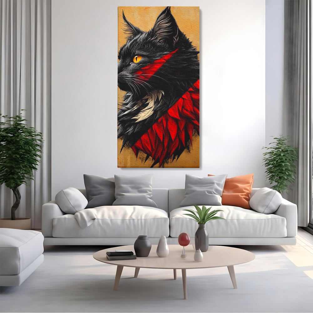 Tablou Canvas Premium, LuxCanva® M1241, Dinastia Rosie, Motan, Profil, Negru, Portret, Expresiv, Abstract, Pictura, Vertical, Rosu, Grafica, Felina, Birou, Living, Camera Copil