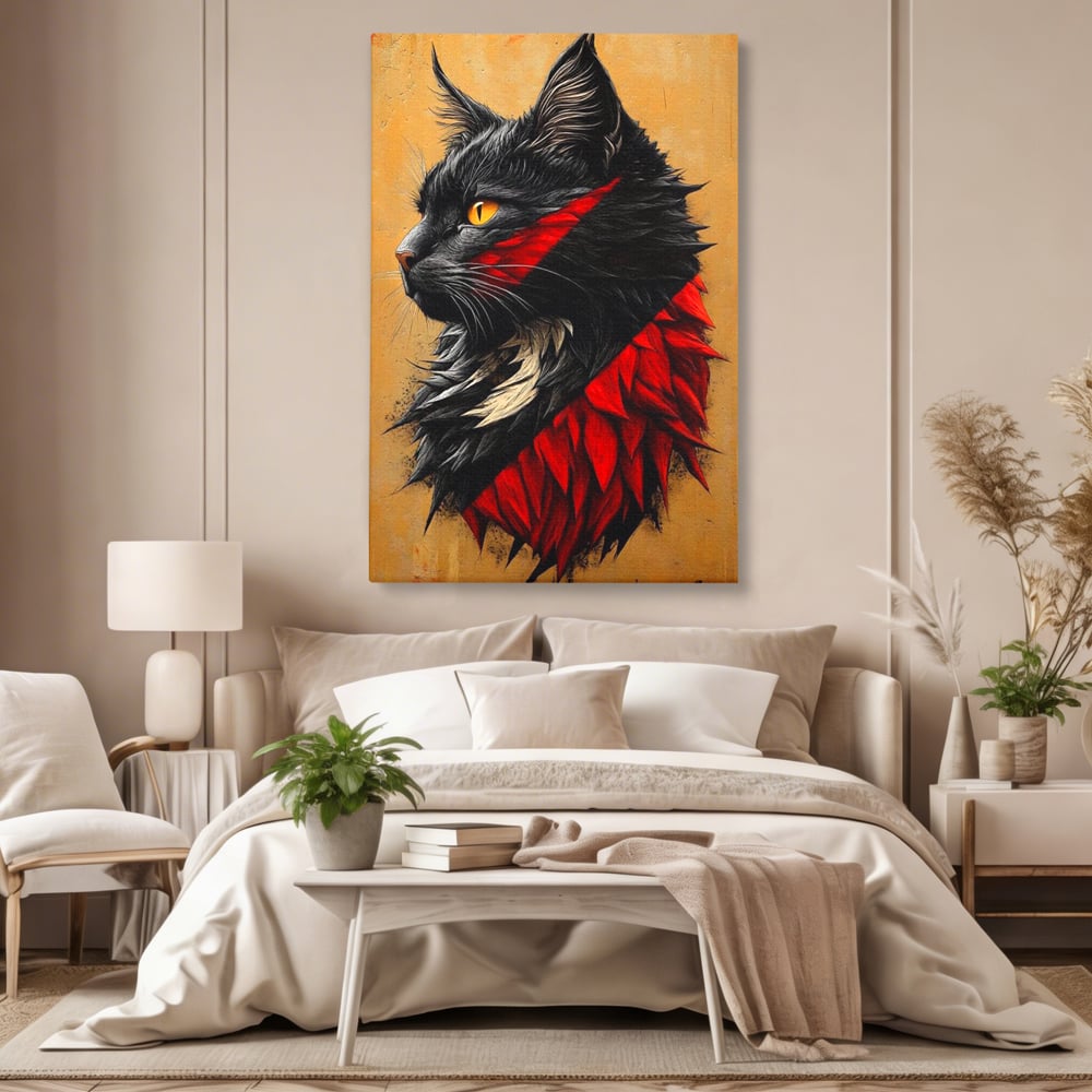 Tablou Canvas Premium, LuxCanva® M1241, Dinastia Rosie, Motan, Profil, Negru, Portret, Expresiv, Abstract, Pictura, Vertical, Rosu, Grafica, Felina, Birou, Living, Camera Copil