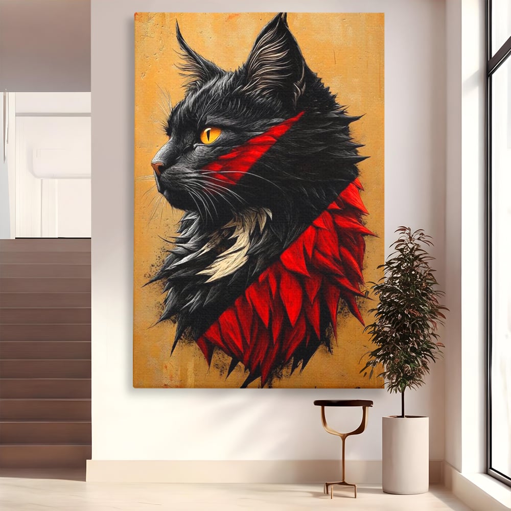 Tablou Canvas Premium, LuxCanva® M1241, Dinastia Rosie, Motan, Profil, Negru, Portret, Expresiv, Abstract, Pictura, Vertical, Rosu, Grafica, Felina, Birou, Living, Camera Copil