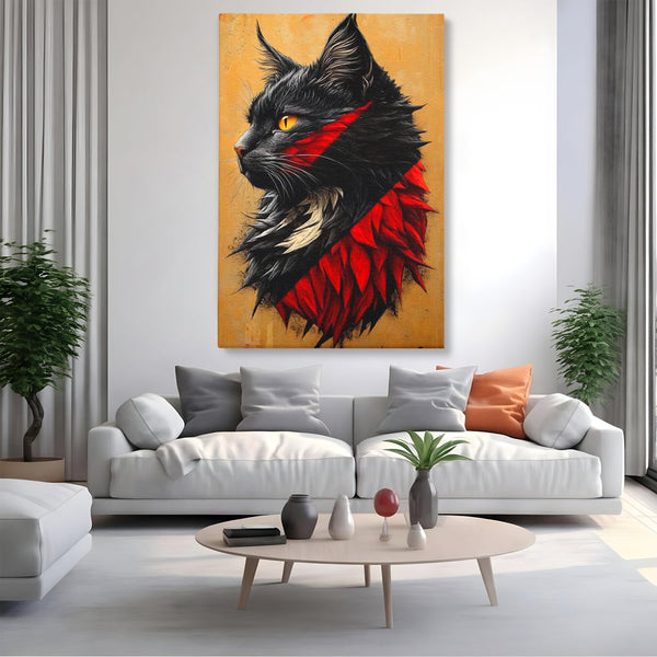 Tablou Canvas Premium, LuxCanva® M1241, Dinastia Rosie, Motan, Profil, Negru, Portret, Expresiv, Abstract, Pictura, Vertical, Rosu, Grafica, Felina, Birou, Living, Camera Copil