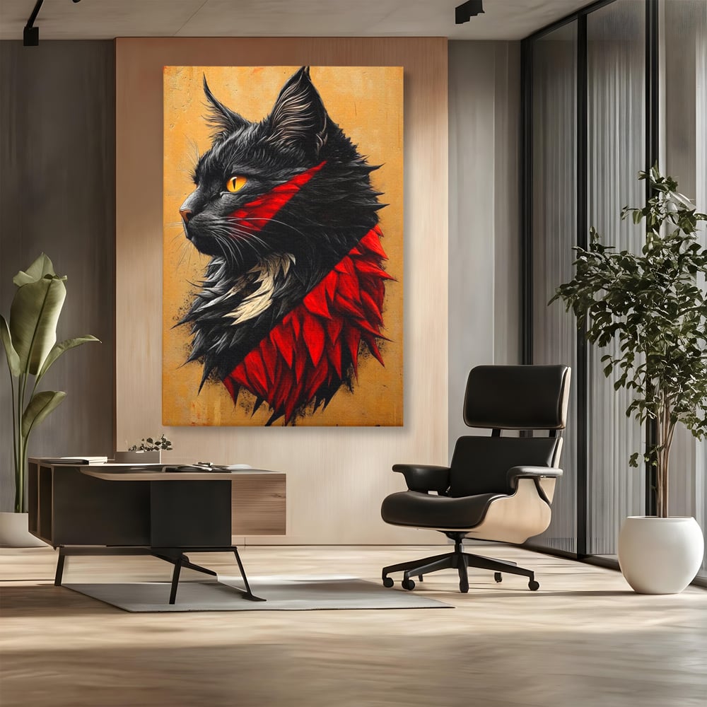 Tablou Canvas Premium, LuxCanva® M1241, Dinastia Rosie, Motan, Profil, Negru, Portret, Expresiv, Abstract, Pictura, Vertical, Rosu, Grafica, Felina, Birou, Living, Camera Copil